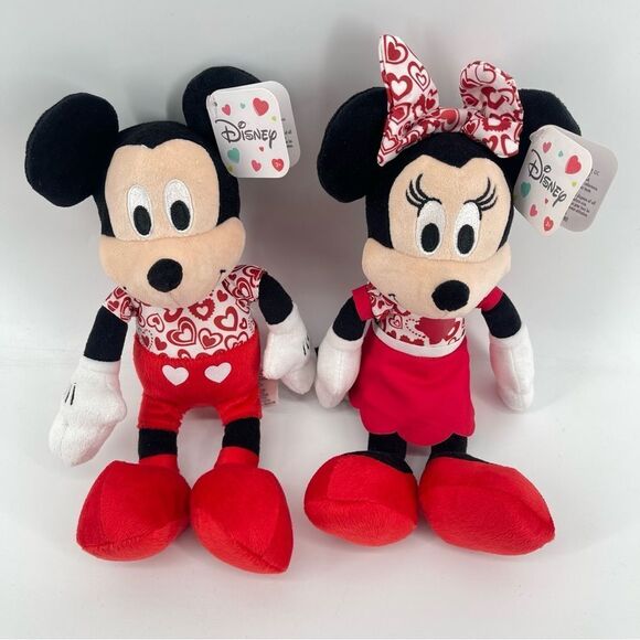 Disney Mickey and Minnie Mouse Red White Hearts Valentine 10” Bean Plush Set - Picture 4 of 15